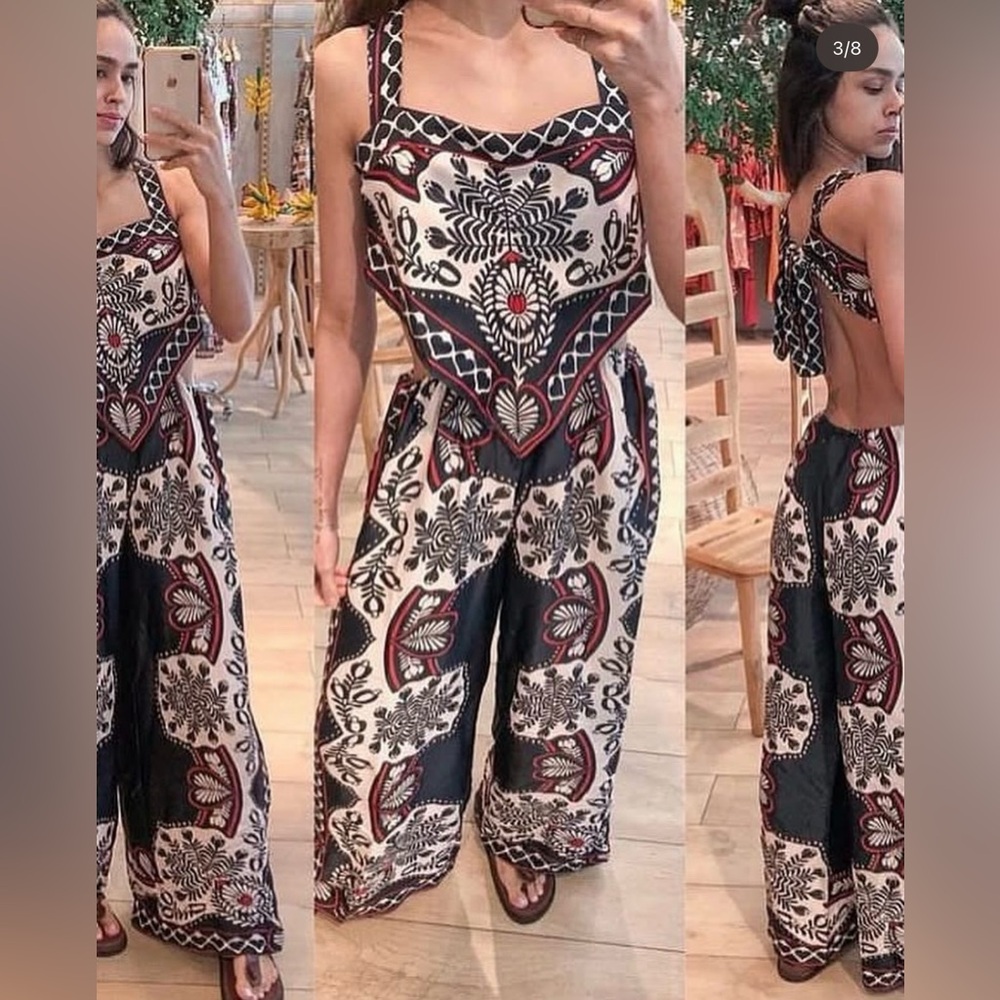 FARM Rio Macacao Passion Scarf Print Open-Back Jumpsuit Size XS Hearts Combo - Picture 2 of 12